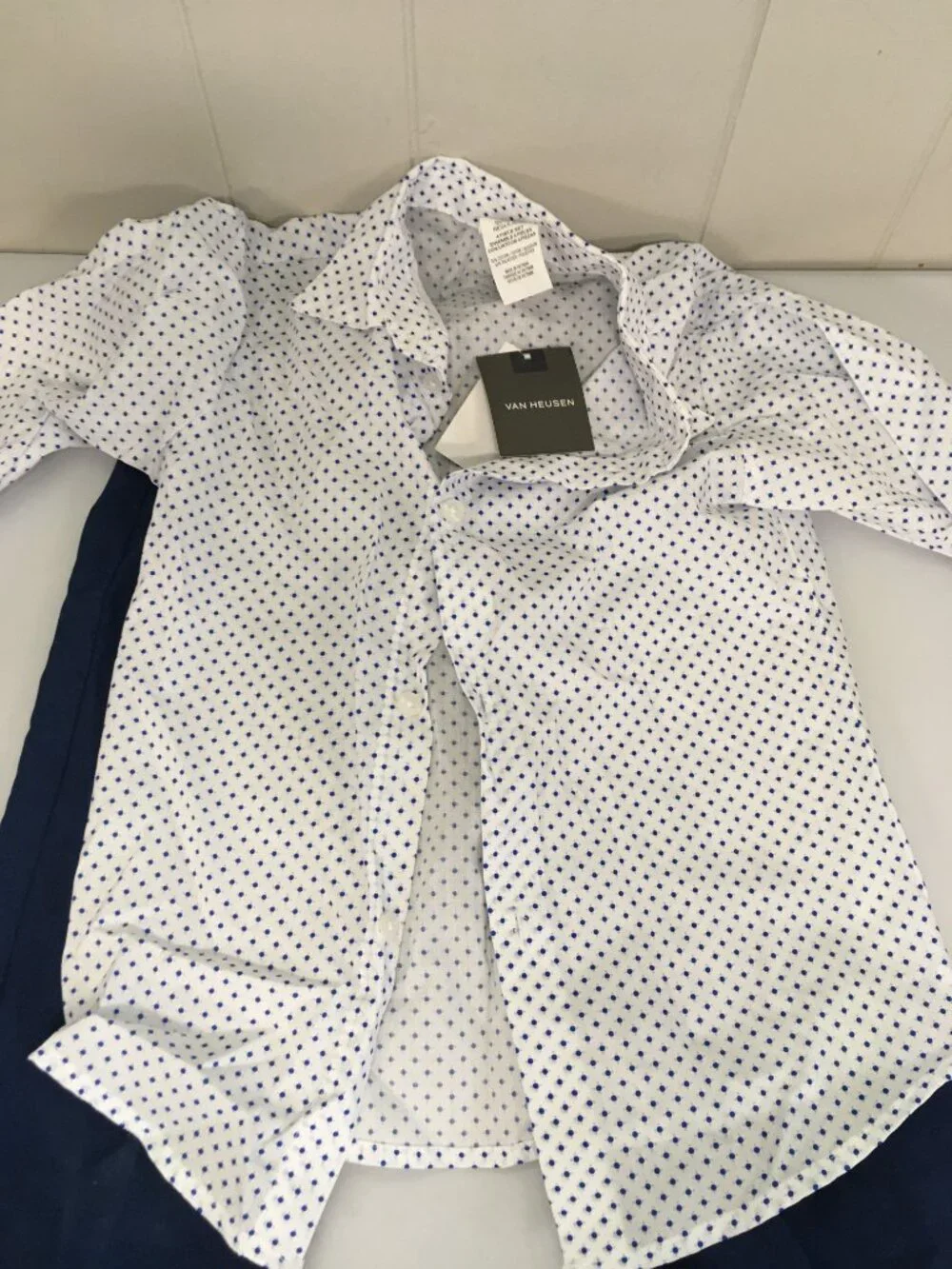 NEW Boys' - Van Heusen - 3 Piece Blue Jean Suit Vest Polka Dot Shirt Pants SZ 6